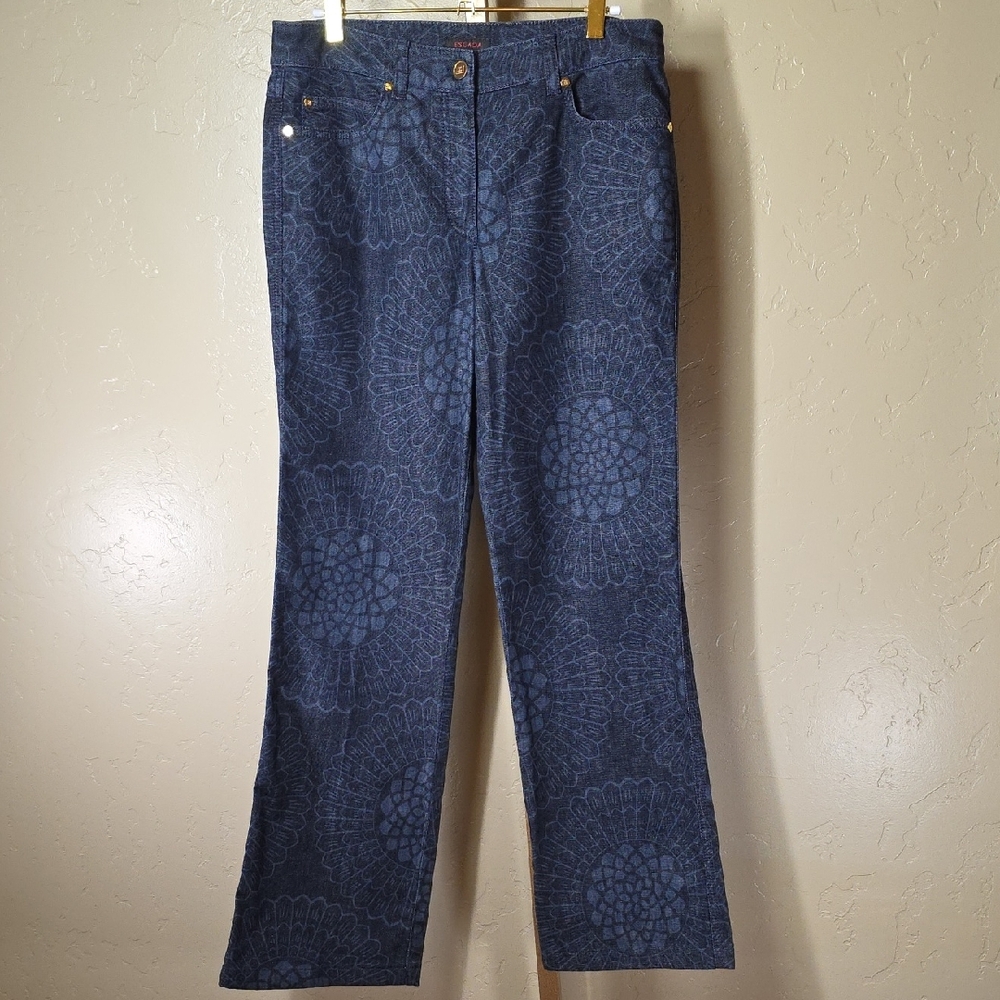Escada Blue Bootcut Jeans Pretty Hippie Flower Pattern‎ Gold "E" Button/Rivets